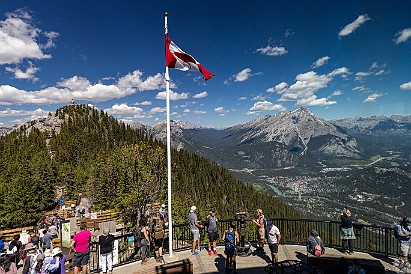 Banff-035 View from the observation deck of the upper gondola station, the Sulphur Mountain Cosmic Ray Station historic site is on the left, Banff town and Cascade...