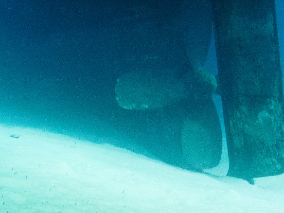 The rudder and propeller of the Kittiwake. The sandy bottom here is approximately 65 feet. Feb 2, 2011 9:24 AM : Diving, Grand Cayman