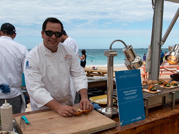 Among all the grilled animal flesh, Pedro Contreras was not getting too many takers for his veggie burgers with black trumpet mushrooms and topped with truffle aioli and a fried egg. Jan 18, 2014 12:32 PM : Grand Cayman, Pedro Contreras : Maxine Klein,David Zeleznik,Daniel Boulud