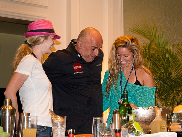 This is going to be entertaining.... Tony calls up two rather cute volunteers to help demonstrate how to make mojitos Jan 18, 2014 5:12 PM : Grand Cayman, Tony Abou-Ganim : Maxine Klein,David Zeleznik,Daniel Boulud