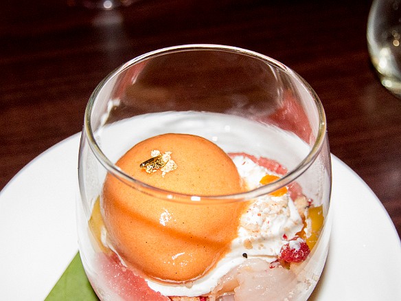 Some kind of wild sorbet'ey dessert made with mango vodka and ginger infused sake Jan 18, 2014 11:41 PM : Grand Cayman : Maxine Klein,David Zeleznik,Daniel Boulud