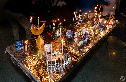 Latkepalooza2023-024 Everyone brings their hanukkiah (Chanukkah menorah) which creates quite the holiday display 🕎