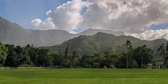 Kauai-008 View of the mountains from the Hanalei athletic fields with the historic Wai`oli Hui`ia Church at the far right