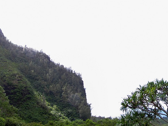View out from the valley, north towards the ocean, with Mt. Makana on the left. May 24, 2012 3:45 PM : Kauai