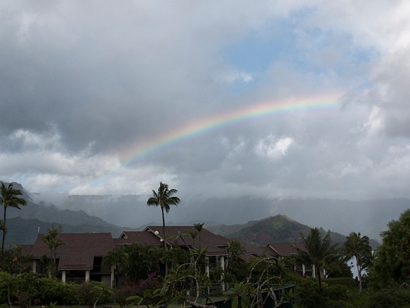 Sipping coffee on the lanai the next morning, the rain cleared and we had a brief rainbow over Hanalei Bay May 22, 2016 8:00 AM