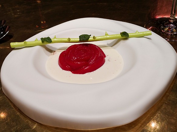 So here we have the "Rosa de Sant Jordi", named after the Barcelona celebration of Saint Jordi that is associated with giving roses. However, by this point the 15 courses of wine have thoroughly kicked in and neither of us can remember what this dish tasted like, other than to say that the emulsion surrounding the rose is actually cheese. The rest is up to your (and our) imagination. Mar 19, 2016 11:05 PM