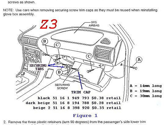 z3gbox To start, here is a diagram of the Z3 glovebox that includes the part numbers for the trim caps that are used to cover the attaching screws. I suggest that you...