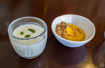 Vancouver-033 The amuse bouche of buttered turnip soup and foie gras custard with a maple syrup sauce