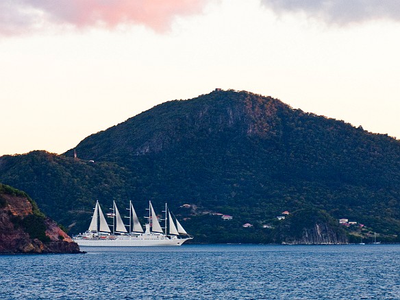 We set sail and looking back we see the WindStar also get under way Jan 15, 2010 5:51 PM : Guadeloupe, SilverSea Caribbean Cruise 2010, Terre-de-Haut, sunset, Îles des Saintes