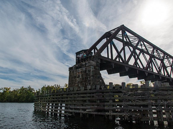 The Air Line Railroad swing truss bridge seems to be a party location for locals. The bridge still supports the Providence and Worcester Railroad which services a few customers East of the river, but the bridge is normally kept in the open position. Sep 14, 2014 4:04 PM