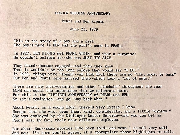 BenPearlKipnis50thAnniversary-002 The golden wedding anniversary of my grandparents Ben and Pearl Kipnis, commemorated by the requisite poem written by Ben's younger brother Joe