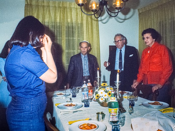 Deb BatMitzvah-007 Deb saying the Friday night blessing over the candles, with grandpa Ben, Morris and his wife Bertha Atkin