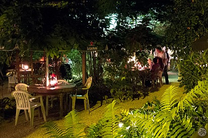 GrandCayman2012-026 Seating is outdoors at rustic tables tucked into the foliage, all underneath the netting that remains from the butterfly farm.
