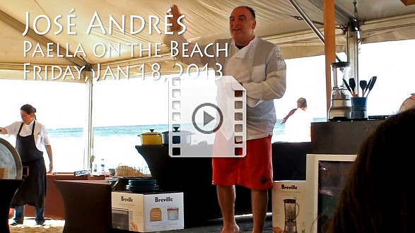 CaymanCookout2013-JoseAndres José Andrés starts his paella demo, hysterically ranking on everything Italian / Mario Battali