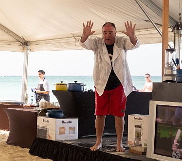 CaymanCookout2013Day1-015 José Andrés launches into his paella demo completely soaking and hysterically funny