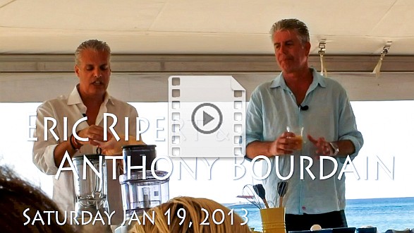 CaymanCookout2013-EricRipert-TonyBourdain Eric Ripert on preparing a chicken for roasting while Tony Bourdain watches and drinks