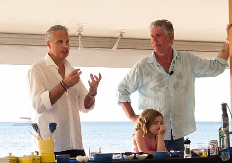 Tony's daughter has heard it all before, as "Uncle Eric" explains the basics of making a proper omelet Jan 19, 2013 4:32 PM : Anthony Bourdain, Eric Ripert, Grand Cayman