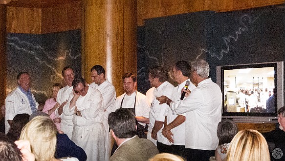 CaymanCookout2013Day3-038 At the end of the meal, the chefs take a bow as Eric Ripert introduces them. Videocams were setup in the kitchen and monitors spread throughout the dining room...