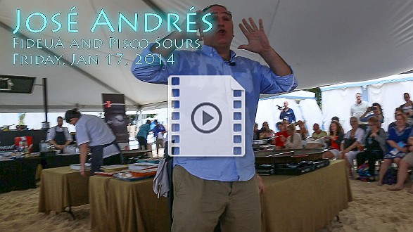 CaymanCookout2014-JoseAndres José Andrés introduces that today we will be making Fideuà and Pisco Sours, then buys time with several odes to shrimp because the outdoor burners are not...