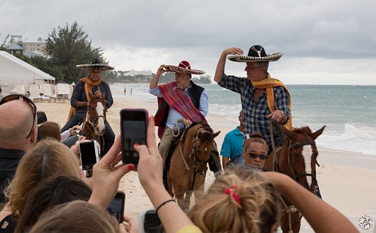 CaymanCookout2014Day1-011 Eric Ripert, Jose Andres, and Tony Bourdain make their grand kickoff entrance by horseback as Los Tres Amigos