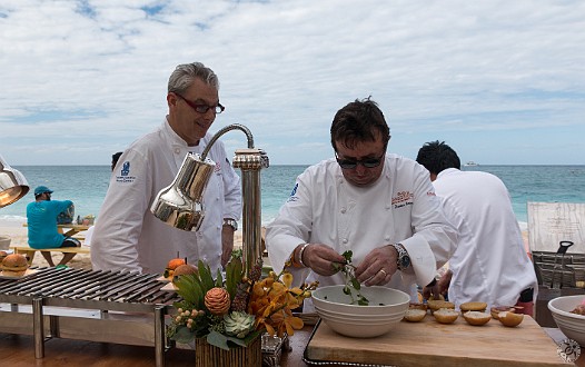 Xavier Saloman was ostensibly doing cheeseburgers. But taken to the next level, they had Cypress Grove Truffle Tremor cheese, quince jam, and pancetta. Jan 18, 2014 12:33 PM : Grand Cayman, Xavier Saloman : Maxine Klein,David Zeleznik,Daniel Boulud