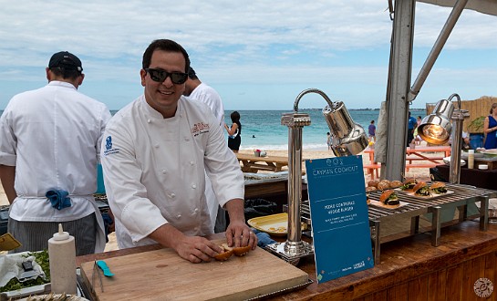 Among all the grilled animal flesh, Pedro Contreras was not getting too many takers for his veggie burgers with black trumpet mushrooms and topped with truffle aioli and a fried egg. Jan 18, 2014 12:32 PM : Grand Cayman, Pedro Contreras : Maxine Klein,David Zeleznik,Daniel Boulud