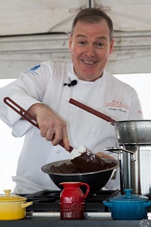 Jacques shows how it's done. This and some white chocolate will be part of a mousse creation. Jan 18, 2014 2:45 PM : Grand Cayman, Jacques Torres : Maxine Klein,David Zeleznik,Daniel Boulud