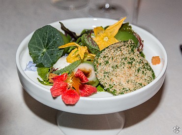 CaymanCookout2015Day3-048 The first course is a burratta and Japanese baby peaches byJosé Andrés, amply decorated with flowers and blossoms