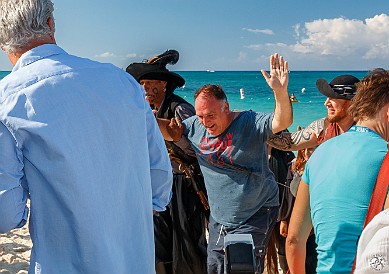 GrandCayman2016-007 José makes his grand theatrical entrance as a captive of Caymanian pirates 