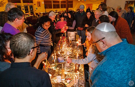 Latkepalooza2023-016 Everyone brings their hanukkiah (Chanukkah menorah) which creates quite the holiday display 🕎