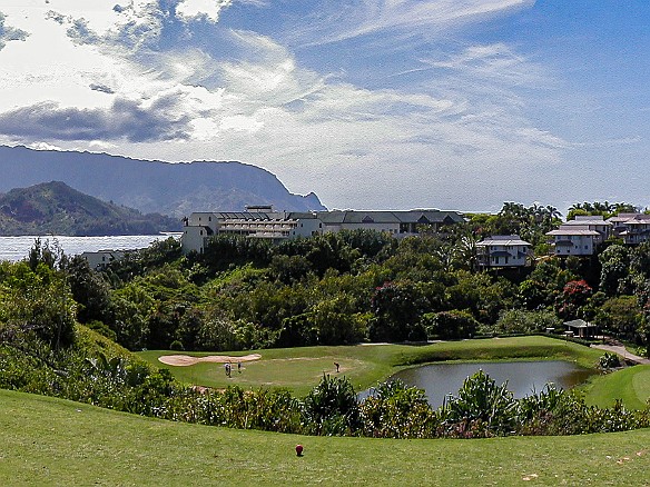 Hawaii2001-006 I rode in the cart and took photos while Max played a round at the Makai Golf Course. Awesome views of Hanalei Bay and the Princeville Hotel from the 3rd tee....