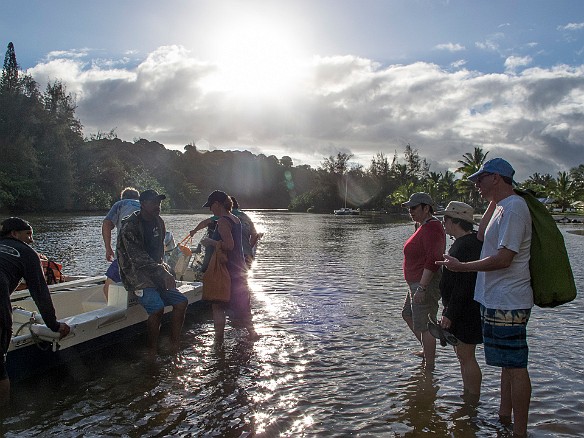 Boarding the kayak that will take us out to the catamaran May 14, 2013 7:09 AM : Howard Berzon, Kauai, Maxine Klein, Rhona Berzon