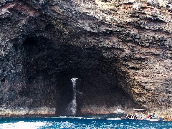 The Waiahuakua, "waters of the altar of the gods", sea cave is one of the longest in the world. The Waiahuakua Stream tumbles its final feet through a hole in the roof. May 14, 2013 8:26 AM