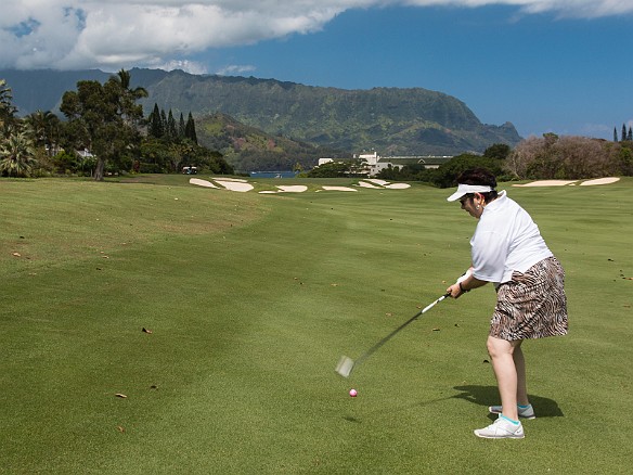 The 2nd fairway heads straight out towards Hanalei Bay with Bali Hai as the backdrop. That's the top of the St. Regis in the background which actually descends along the cliff down to the beach below. May 22, 2014 10:22 AM : Kauai, Maxine Klein