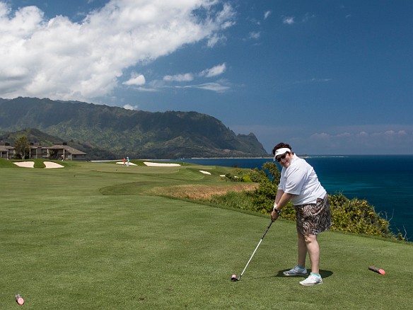 The incredible 7th hole, where you have to tee off over a ravine to get onto the green on the other side. Max has the smile of confidence! May 22, 2014 11:37 AM : Kauai, Maxine Klein