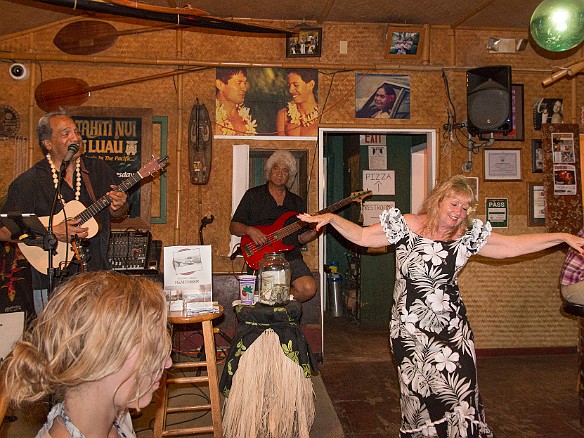 Mike Keale with Koko Kaneali'i on bass, Mike's wife Linda doing the hula May 11, 2015 8:09 PM : Kauai, Koko Kaneali'i, Linda Keale, Mike Keale : Debra Zeleznik,David Zeleznik,Jawea Mockabee,Maxine Klein,Mary Wilkowski