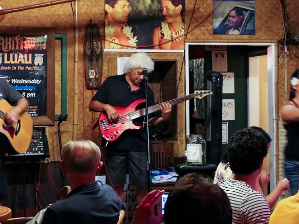 After the almost-sunset, we headed back to Tahiti Nui in Hanalei for dinner and Kanack Attack- Darryl Gonzales and Koko Kaneali'i, with a friend doing the hula May 19, 2015 8:21 PM : Darryl Gonzales, Koko Kaneali'i