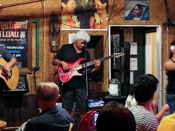 After the almost-sunset, we headed back to Tahiti Nui in Hanalei for dinner and Kanack Attack- Darryl Gonzales and Koko Kaneali'i, with a friend doing the hula May 19, 2015 8:21 PM : Darryl Gonzales, Kauai, Koko Kaneali'i : Debra Zeleznik,David Zeleznik,Jawea Mockabee,Maxine Klein,Mary Wilkowski