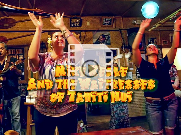 Mike Keale holds court Monday nights at Tahiti Nui in Hanalei. Koko Kaneali'i on bass and the Tahiti Nui waitresses take a break to do the hula. May 11, 2015 9:45 PM : Kauai, Mike Keale, video thumbnail