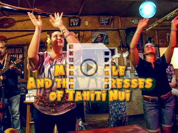 Mike Keale holds court Monday nights at Tahiti Nui in Hanalei. Koko Kaneali'i on bass and the Tahiti Nui waitresses take a break to do the hula. May 11, 2015 9:45 PM : Kauai, Mike Keale, video thumbnail : Debra Zeleznik,David Zeleznik,Jawea Mockabee,Maxine Klein,Mary Wilkowski