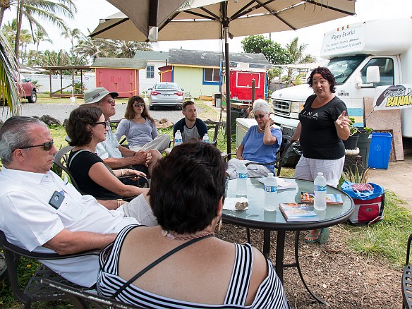 Our friends Courtney Silk and Bill Walter gave us a gift certificate for a food tour run by the authors of the book "Tasting Kauai". We bought extra tickets for Marke and Maureen and met up with our guide at the food truck "corral" just north of Kapa'a town. May 26, 2016 1:08 PM : Marke Baker, Maureen Beurskens, Maxine Klein