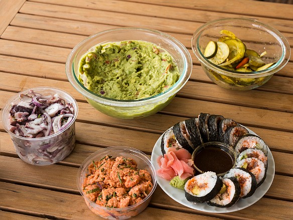 Quite the feast cooking in last night with Deb visiting from Oahu. For pupus we have clockwise from bottom-right- snow crab/spicy ahi/avocado roll from the Dolphin Fish Market. Also from the fish market is spicy langoustine poke and tako poke. Then Max's famous to-die-for guac and pickles from Kauai Juice Co. May 21, 2017 5:20 PM