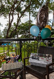 Oahu-003 Deb and Mary had a birthday treat basket waiting for me in our room 😘💕 A bottle of Woodford double-barreled bourbon for me and a bottle of sake for Maxine,...