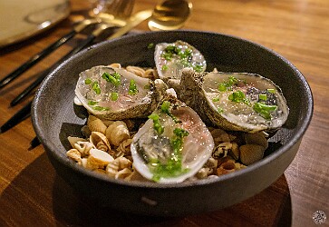 Oahu2025-027 We started out with the oyster supplement, fresh Pacific Northwest oysters with yuzu gelée