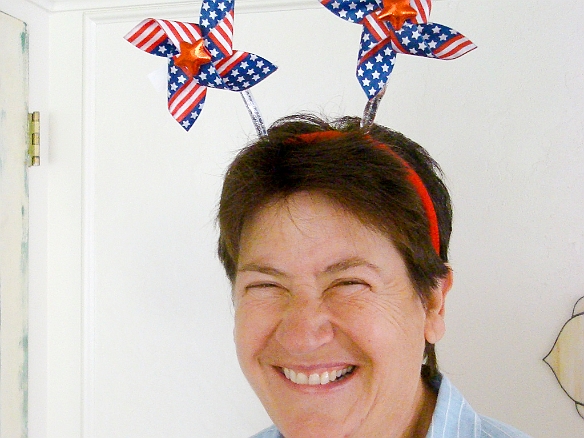 July 4th morning, and Mary and Deb brought holiday-appropriate headgear for everyone Jul 4, 2011 8:45 AM : Hound's Tooth Inn, Maine 2011, Mary Wilkowski