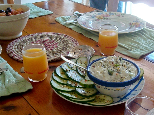 Fresh OJ and some type of spiced cottage cheese and cucumber dish that we could not get enough of Jul 4, 2011 9:26 AM : Hound's Tooth Inn, Maine 2011