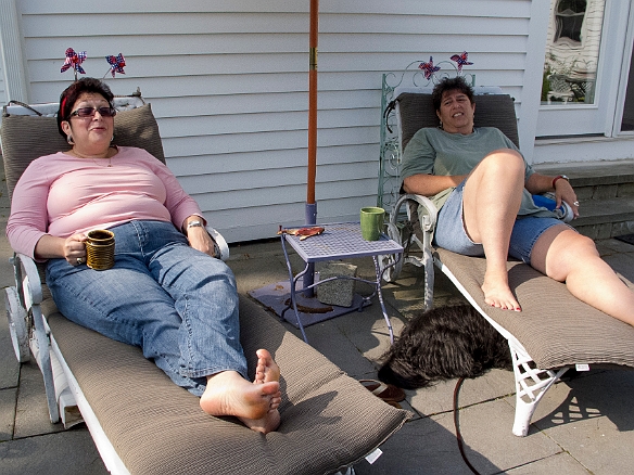 Max and Deb relax post-breakfast with a cup of coffee Jul 4, 2011 9:01 AM : Debra Zeleznik, Hound's Tooth Inn, Maine 2011, Maxine Klein