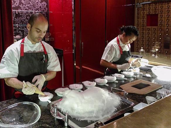 Now it's starting to make more sense... the cotton candy is formed into a round sheet and placed into empanada/pierogi presses. Then a nougat filling is added. Mar 19, 2016 11:09 PM