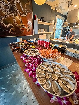 Maxine70thBirthday-032 The banchan shared space with the raw bar- Niantic Bay oysters and jumbo gulf shrimp 🦪🦐