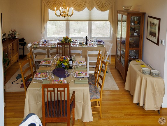 Passover2012-001 Setup prior to the invasion chez Zeleznik/Klein for the second night of Passover. Two tables in the dining room....